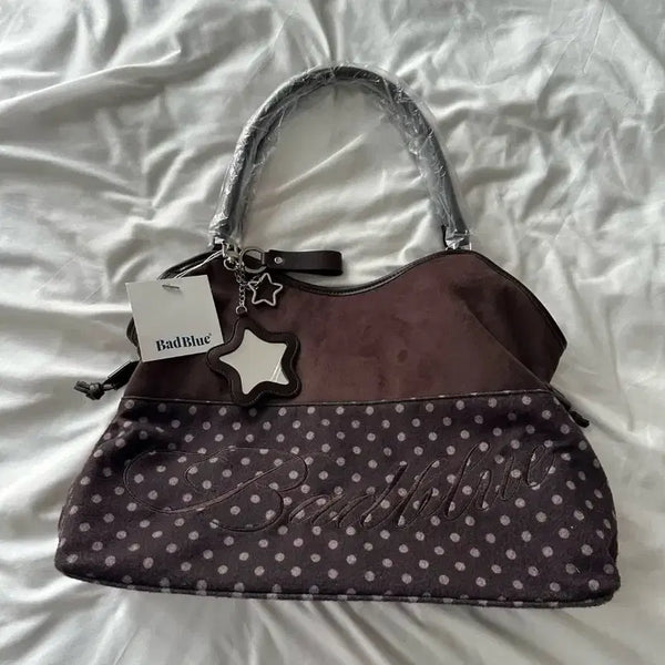 [BUNJANG] BadBlue Brown Polka Dot Star Mirror Charm Tote Bag Shoulder Bag / 신상 BadBlue 브라운 물방울 무늬 스타 거울 참 토트백 숄더백 데일
