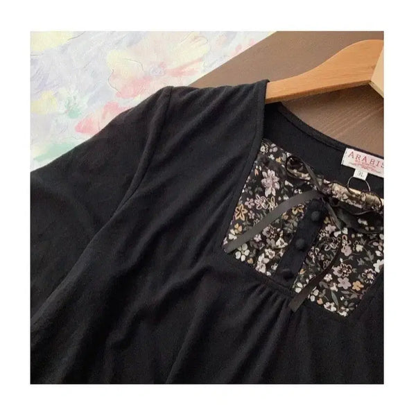 [BUNJANG] Vintage Floral Square Neck Ruffle Long Sleeve Blouse / 일본빈티지 잔꽃 리본 스퀘어넥 프릴 긴팔 티셔츠 블라우스 레이어드 모리걸