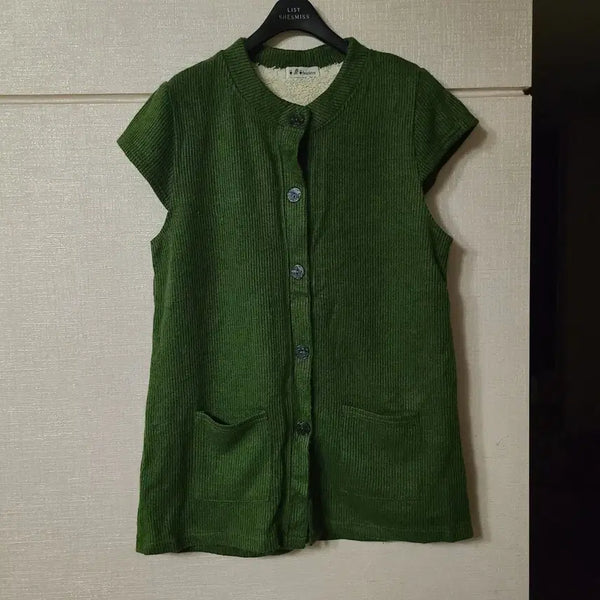 [BUNJANG] Vintage Green Wool Half-Sleeve Knit Cardigan / 빈티지 그린 초록 양털 반팔 니트 가디건 모리걸 하구미 레이어드 포켓