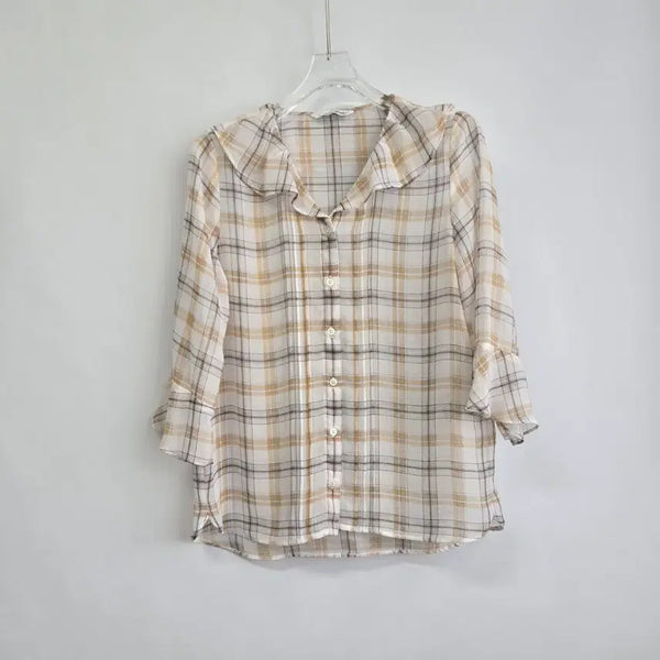 [BUNJANG] Roem See-Through Check Frill Blouse / 1376 로엠  시스루 체크 프릴 블라우스
