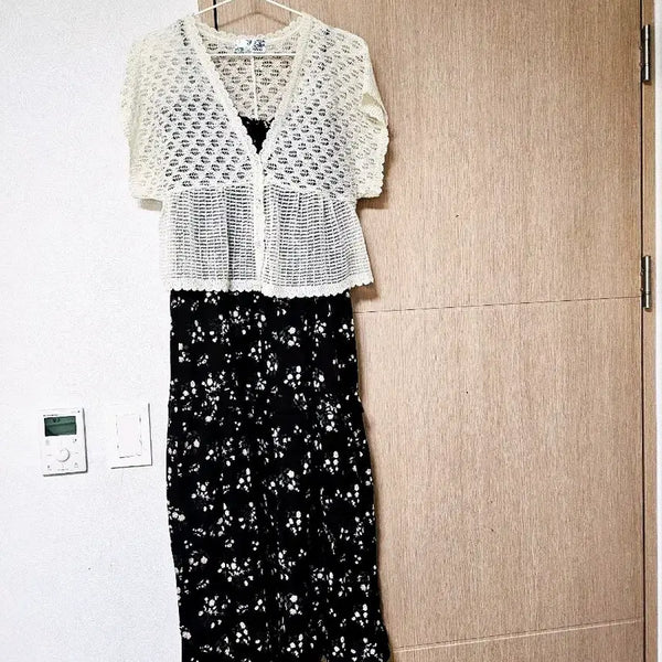 [BUNJANG] Knit Cardigan + Floral Dress Set / 니트 가디건+플로럴 원피스 세트