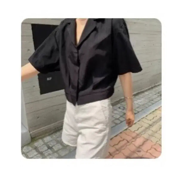 [BUNJANG] Black Cropped Short-Sleeve Blouse / 블랙 크롭 반팔 블라우스 하객룩