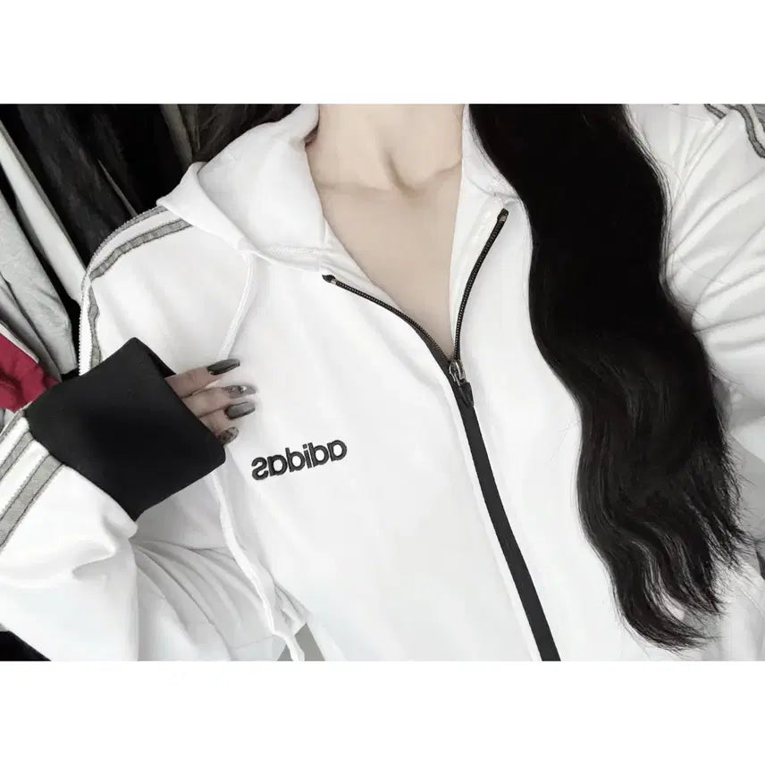[BUNJANG] Adidas Spell Logo White Hooded Zip-Up Jersey Track Top / 아디다스 스펠로고 화이트 후드집업 져지 트랙탑