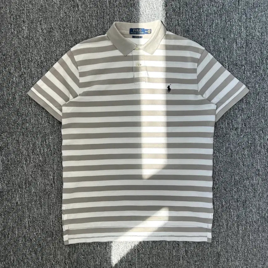 [BUNJANG] Polo Ralph Lauren Beige Striped Short-Sleeve Polo Shirt - Men's M / 폴로 랄프로렌 베이지 스트라이프 반팔 PK M