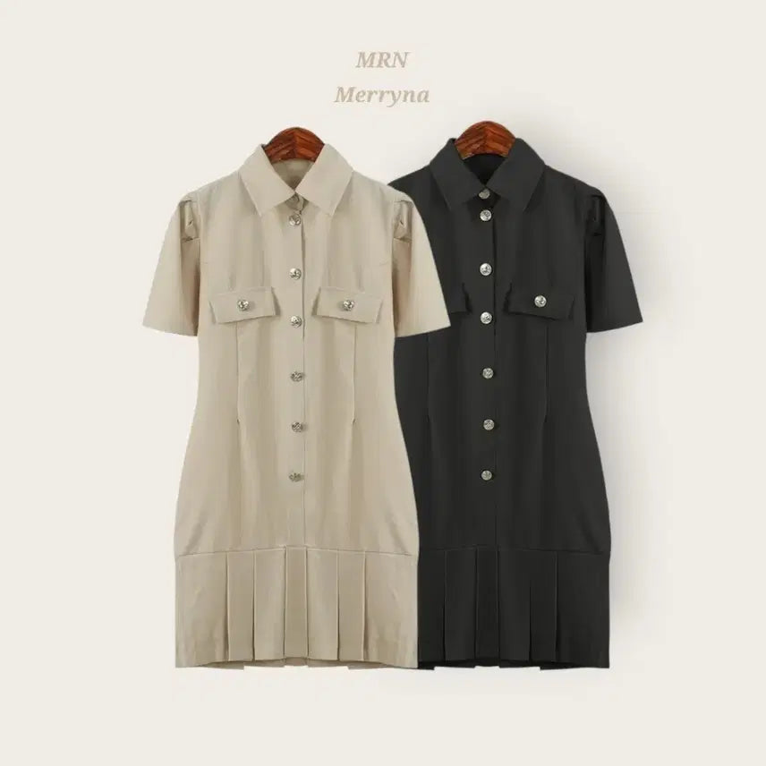[BUNJANG] Merryna Silver Button Pleated Shirt Dress / [빠른배송] 은장 셔츠 플리츠 원피스 2color