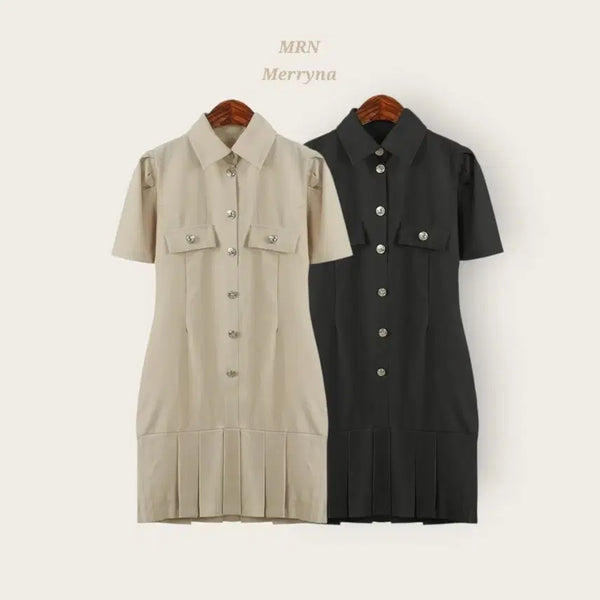 [BUNJANG] Merryna Silver Button Pleated Shirt Dress / [빠른배송] 은장 셔츠 플리츠 원피스 2color