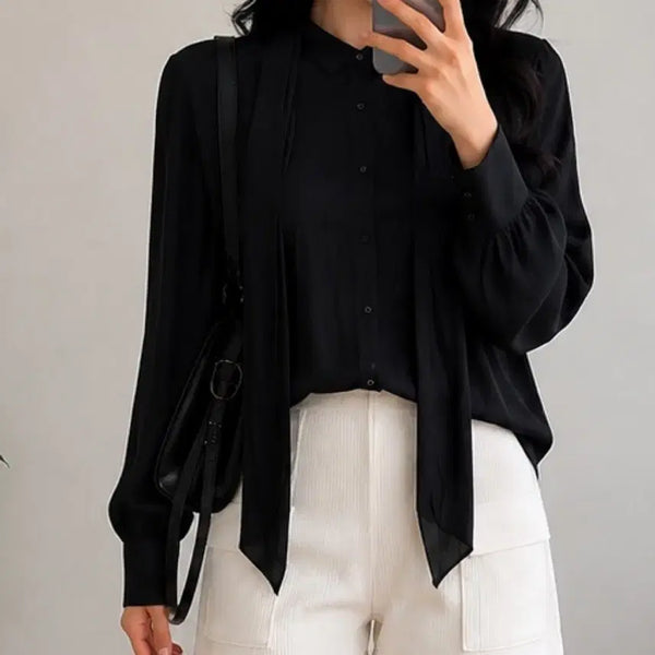 [BUNJANG] Black Ribbon Blouse - Thin Shirt, Office Look (Size 44-55) / 거의새옷 리본 검정 블라우스 4455사이즈 얇은셔츠 여자옷 오피스룩