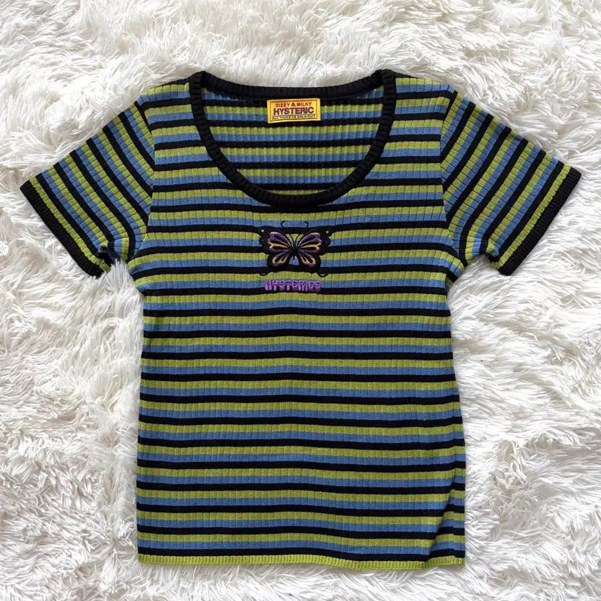 [BUNJANG] Hysteric Glamour Butterfly Embroidered Striped Short Sleeve T-Shirt / 히스테릭 글래머 버터플라이 나비 자수 스트라이프 반팔 티셔츠