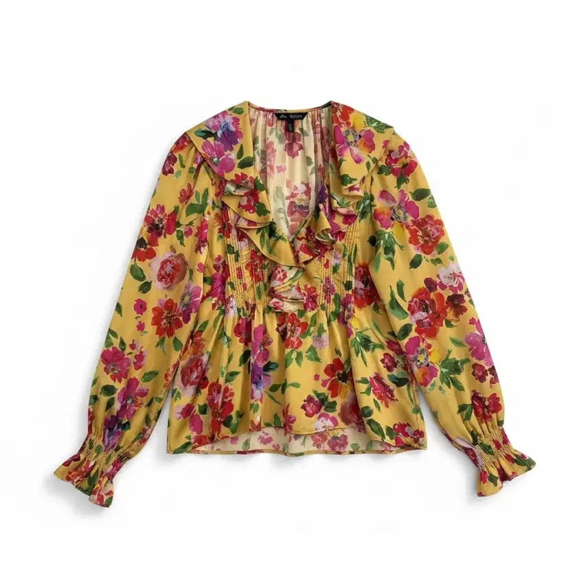 [BUNJANG] Zara Floral Ruffle Blouse Yellow Women's L / 여성L/ 자라 플로럴 러플 블라우스 옐로우