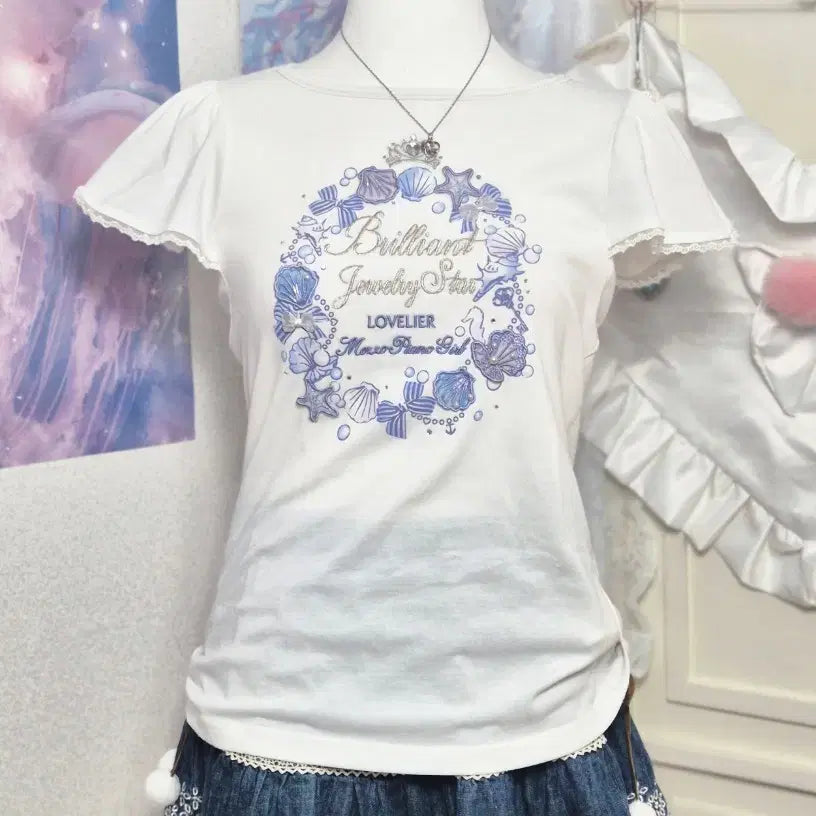 [BUNJANG] Mezzopiano Ocean Cubic Frill Glitter Tee / Mezzopiano 메조피아노 오션 큐빅 프릴 글리터 티 히메갸루 모리걸