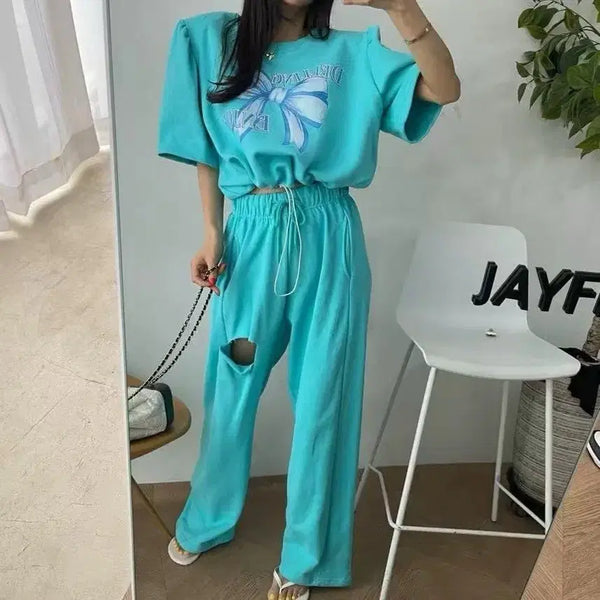 [BUNJANG] Cropped Short Sleeve T-Shirt & Wide Leg Pants Set / (새상품) 크롭 반팔 티셔츠 & 와이드 팬츠 세트