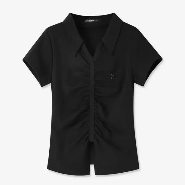 [BUNJANG] Urban Dress V Shirring Collar T-Shirt Black / 어반드레스 브이 셔링 카라티 블랙