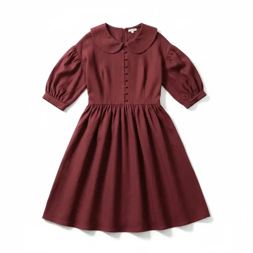 [BUNJANG] Women's Linen Antique Collar Puff Sleeve Dress Burgundy / 여성F/ 린넨 앤틱 카라 퍼프소매 원피스 버건디