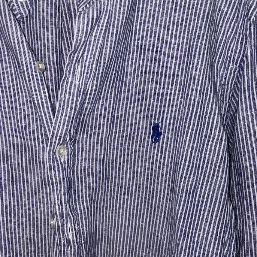 [BUNJANG] Polo Ralph Lauren Stripe Linen Henry Neck Shirt Navy / 폴로 랄프로렌 스트라이프 헨리넥 린넨 셔츠 네이비