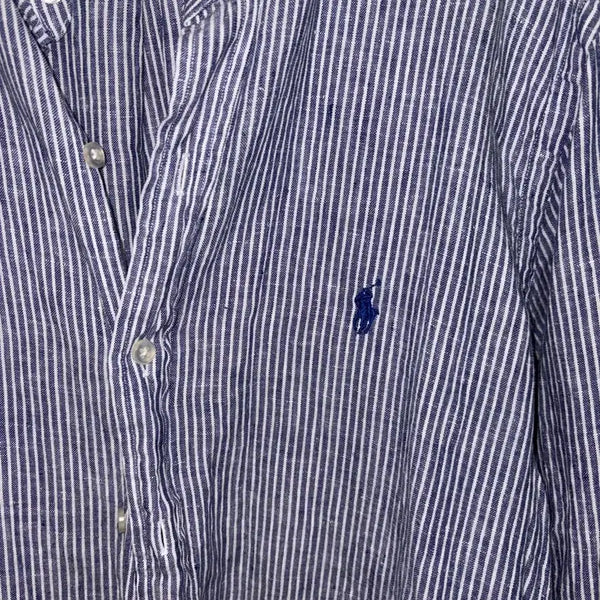 [BUNJANG] Polo Ralph Lauren Stripe Linen Henry Neck Shirt Navy / 폴로 랄프로렌 스트라이프 헨리넥 린넨 셔츠 네이비