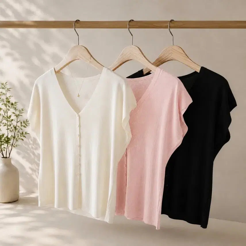 [BUNJANG] Summer Cool Short-Sleeve Knit Cardigan V-Neck Loose Fit / [새상품] 쿨 반팔 니트 가디건 브이넥 루즈핏 여리핏 (4color)