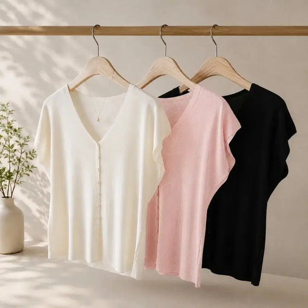 [BUNJANG] Summer Cool Short-Sleeve Knit Cardigan V-Neck Loose Fit / [새상품] 쿨 반팔 니트 가디건 브이넥 루즈핏 여리핏 (4color)