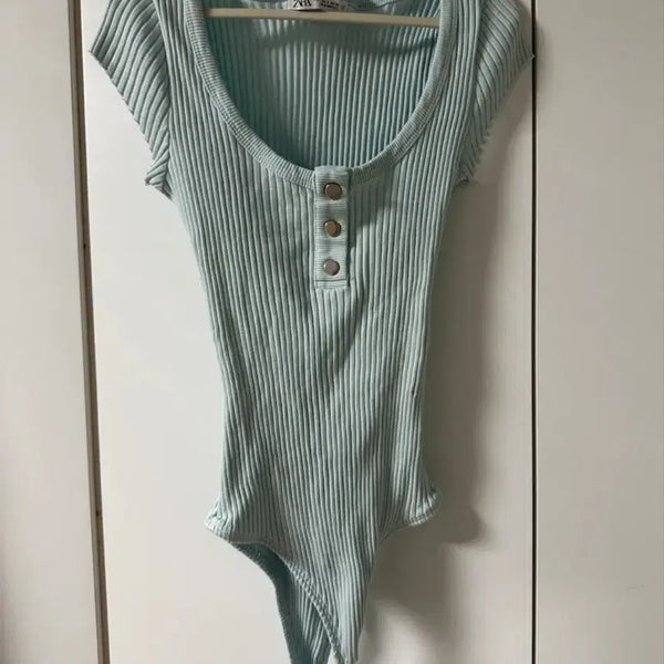[BUNJANG] ZARA Ribbed Button Short Sleeve T-Shirt Mint / ZARA 반팔 골지 버튼 민트 반팔 티셔츠