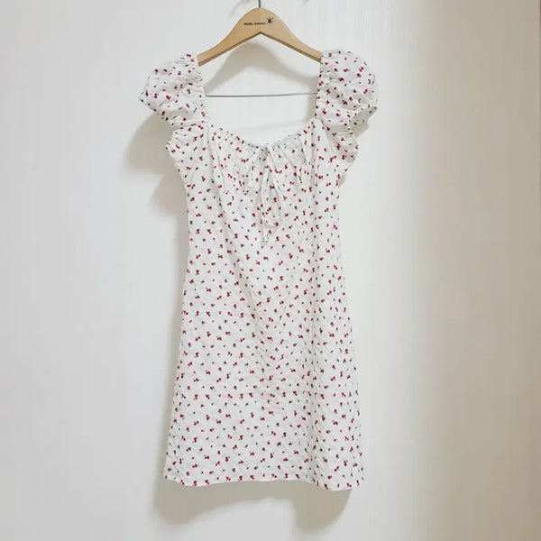 [BUNJANG] Women's XS (44) Rose Flower Square Neck Puff Mini Dress / 여성xs 44 로즈 플라워 스퀘어넥 퍼프 미니원피스 휴양지룩 화이트 홀복