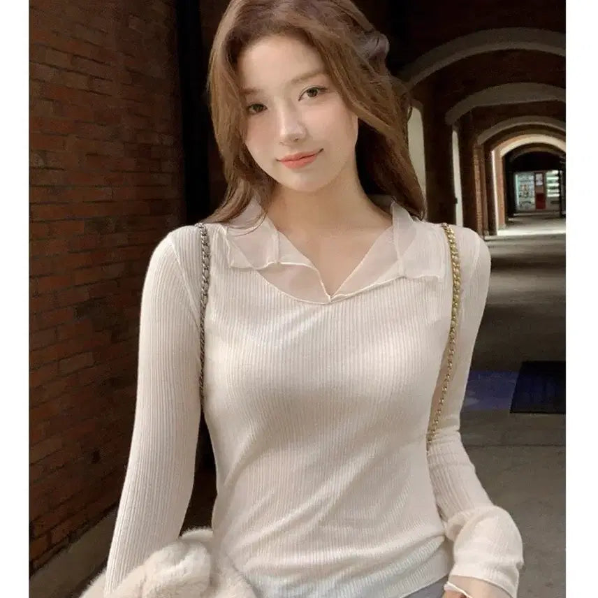 [BUNJANG] Mesh Collar Long Sleeve T-Shirt / 망사 카라 긴팔티(새상품)