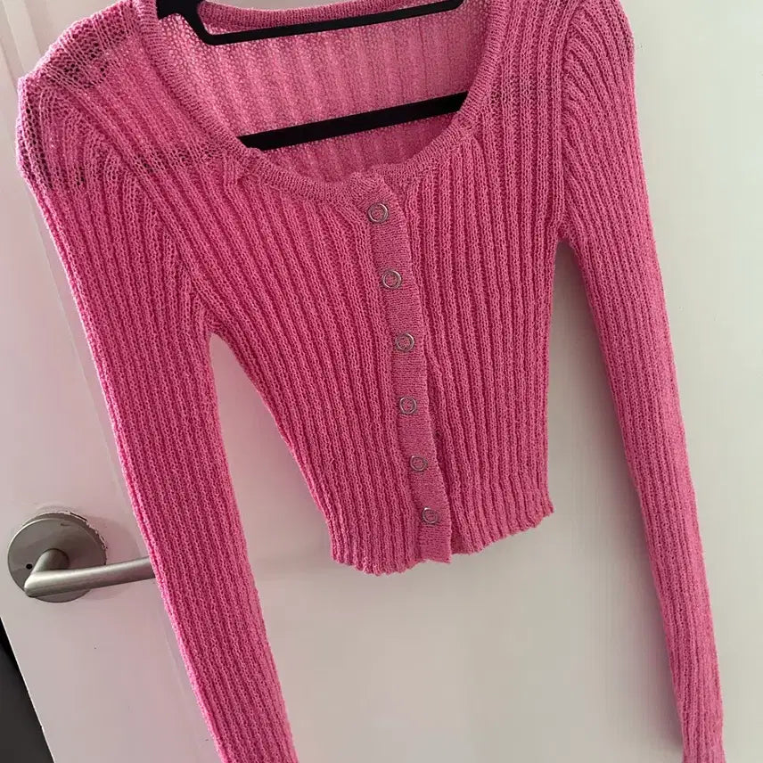 [BUNJANG] Pink Slim Fit Knit Cardigan / 핑크 딱붙 니트 가디건 새상품
