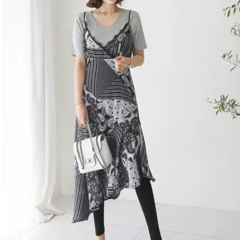[BUNJANG] Patchwork Asymmetrical Maxi Dress / [새상품]패치워크 언발 원피스