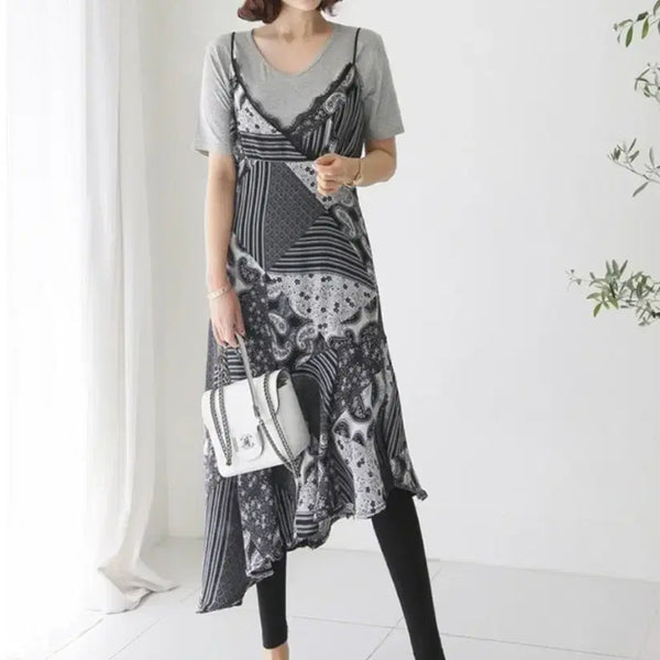 [BUNJANG] Patchwork Asymmetrical Maxi Dress / [새상품]패치워크 언발 원피스