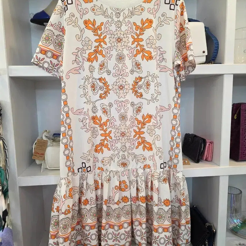 [BUNJANG] Italian Silk Blend Geometric Pattern Pleated Midi Dress / 미친세일 이태리 수입 실크 원피스