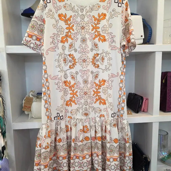 [BUNJANG] Italian Silk Blend Geometric Pattern Pleated Midi Dress / 미친세일 이태리 수입 실크 원피스