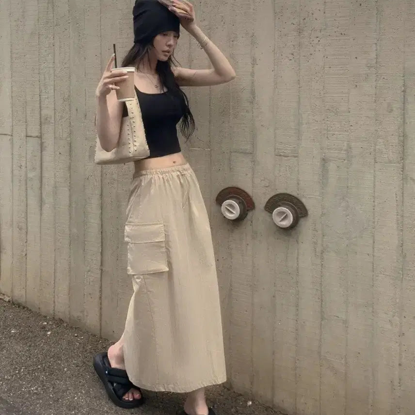 [BUNJANG] Banding Cargo Long Skirt - Ivory / 밴딩 바스락 카고 스커트 여름 포켓 롱치마 <아이보리> 품절템
