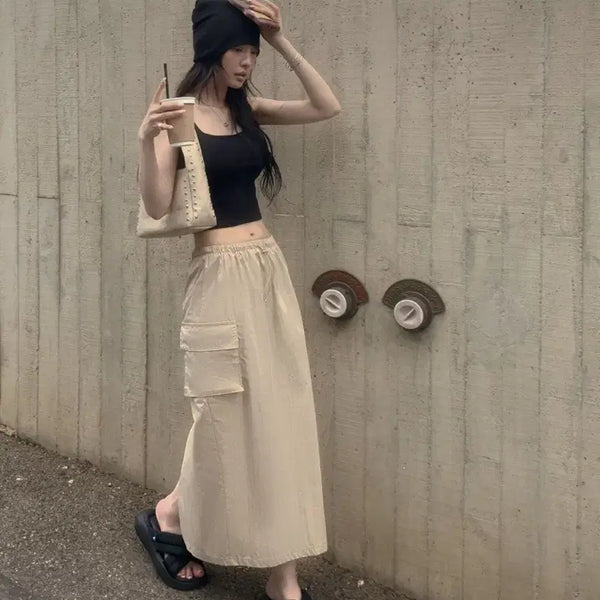 [BUNJANG] Banding Cargo Long Skirt - Ivory / 밴딩 바스락 카고 스커트 여름 포켓 롱치마 <아이보리> 품절템