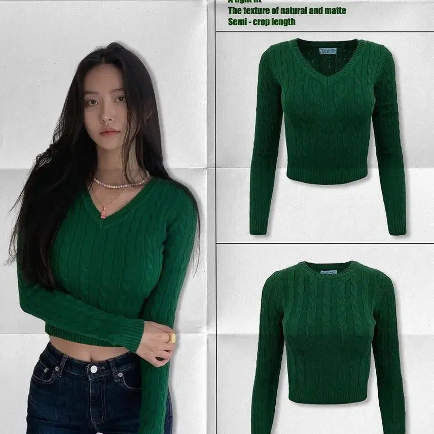 [BUNJANG] Faded Jade Cable Knit V-Neck Sweater Green / 페일제이드 케이블 니트 브이넥 그린