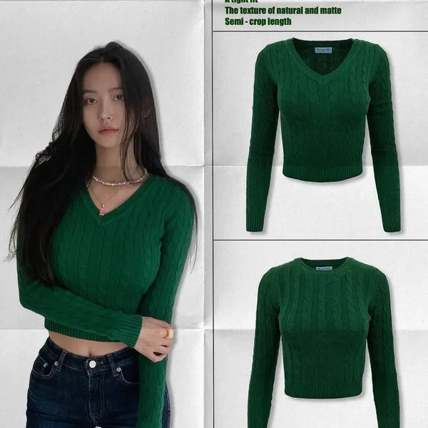 [BUNJANG] Faded Jade Cable Knit V-Neck Sweater Green / 페일제이드 케이블 니트 브이넥 그린
