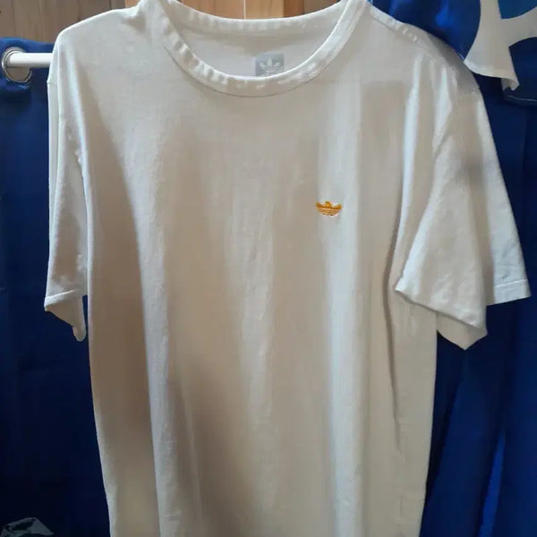 [BUNJANG] Adidas Short Sleeve T-Shirt White Yellow Logo L / 아디다스 반팔티 흰색 옐로우 로고 L