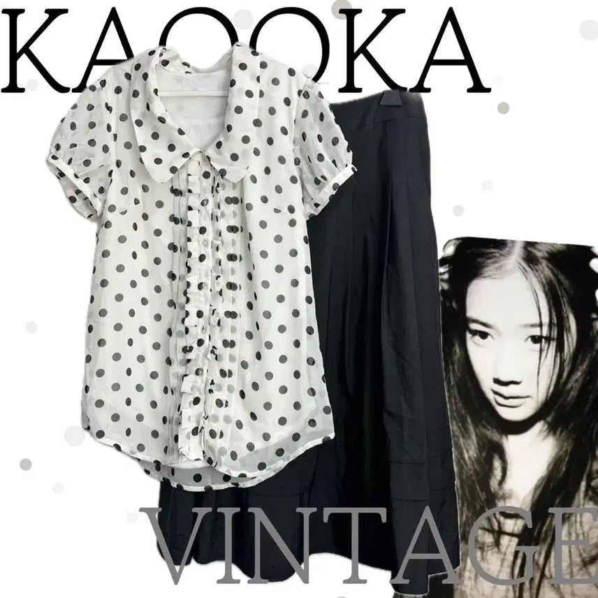 [BUNJANG] Japanese Vintage Polka Dot Blouse & Mori-girl Style Skirt Coordinate Set / 일본빈티지 도트 블라우스 모리걸 무태색 러블리 스커트 코디세트