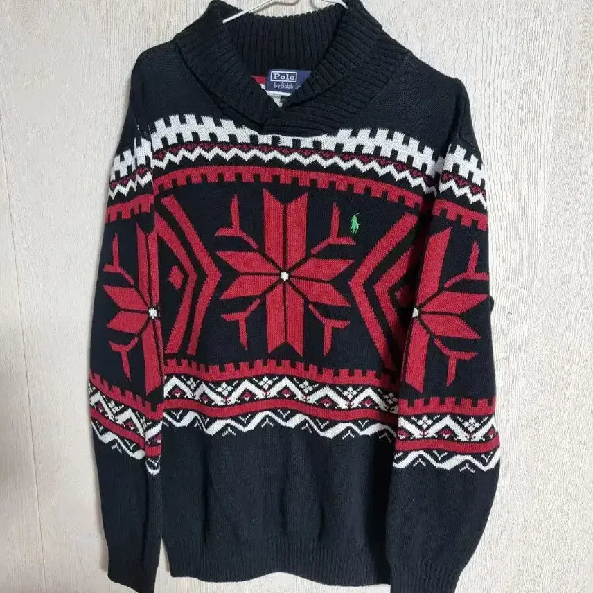 [BUNJANG] Polo Ralph Lauren Fair Isle Snowflake Shawl Collar Knit Sweater L / 폴로 랄프로렌 니트 페어아일 눈꽃 스웨터 숄카라 하찌넥 블랙 L