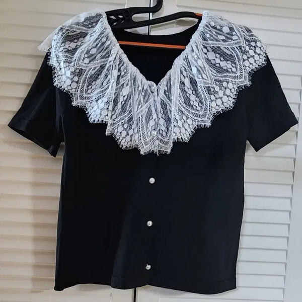 [BUNJANG] White Lace Collar Pearl Button Short Sleeve T-Shirt / (새상품)레이스 칼라 진주 단추 반팔 티셔츠