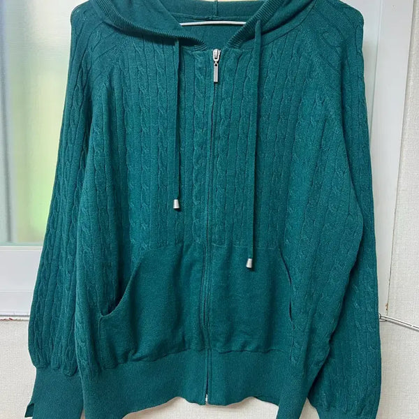 [BUNJANG] Cable Knit Zip-Up Hoodie Green / 니트 집업 후드 그린