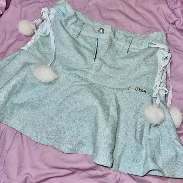 [BUNJANG] Vintage Pompon Eyelet Mint Skirt / 빈티지 폼폼 아일렛 민트 스커트 갸루깔 달천깔 핀터깔 대장 히메갸루
