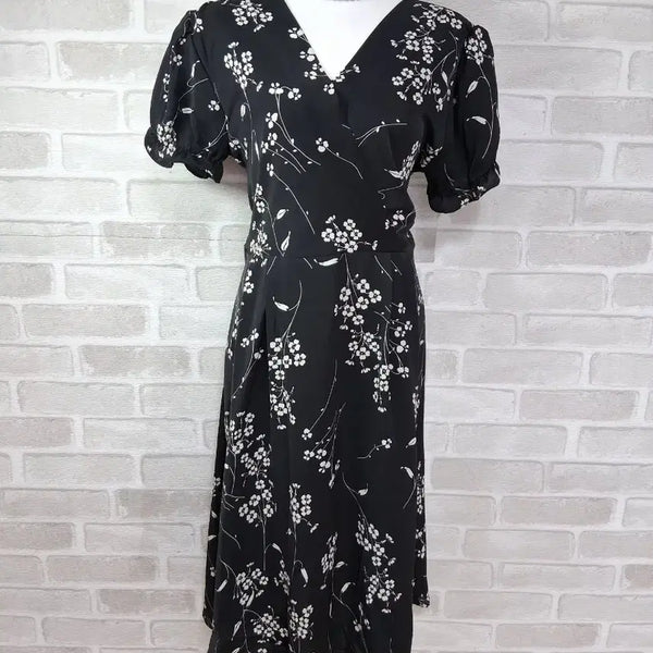 [BUNJANG] Puff Sleeve Black Floral Print Dress / 퍼프소매 블랙 잔꽃원피스66~66반
