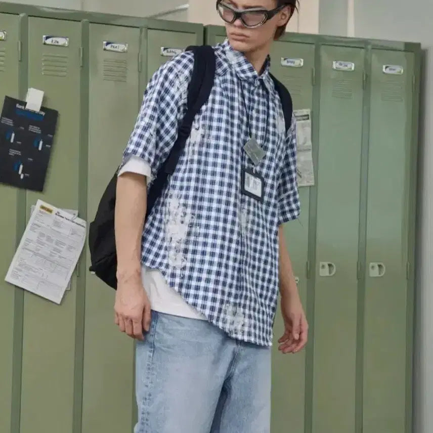 [BUNJANG] STU Check Short-Sleeve Shirt Blue L / STU 체크 반팔셔츠 블루 L