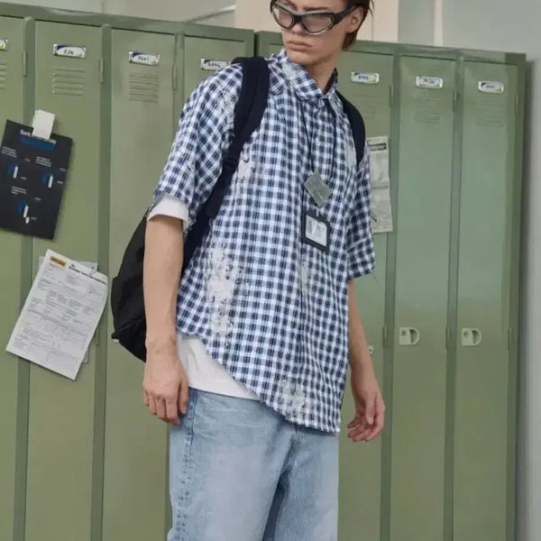 [BUNJANG] STU Check Short-Sleeve Shirt Blue L / STU 체크 반팔셔츠 블루 L