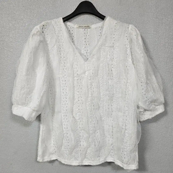 [BUNJANG] D&B Puff Sleeve Lace Mesh Blouse (Size 55) / D&B 퍼프소매 레이스배색 망사 블라우스 55