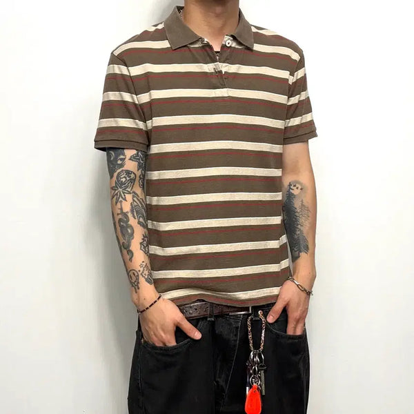 [BUNJANG] LB WORKS Vintage Stripe Short Sleeve Polo Shirt / LB WORKS 빈티지 스트라이프 브라운 반팔카라티