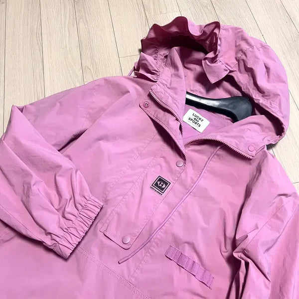 [BUNJANG] Lucky Chouette 2022 Seersucker Frill Hood Anorak Jumper Windbreaker Pink / 22년 럭키슈에뜨 바스락 프릴 후드 아노락 점퍼 바람막이 핑크럭키데스포츠