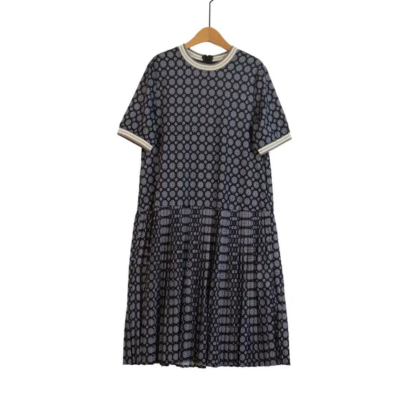 [BUNJANG] Black Polka Dot Pleated Long Sleeve Dress (Free Size) / 블랙 도트 패턴 플리츠 롱원피스 프리 반팔 원피스