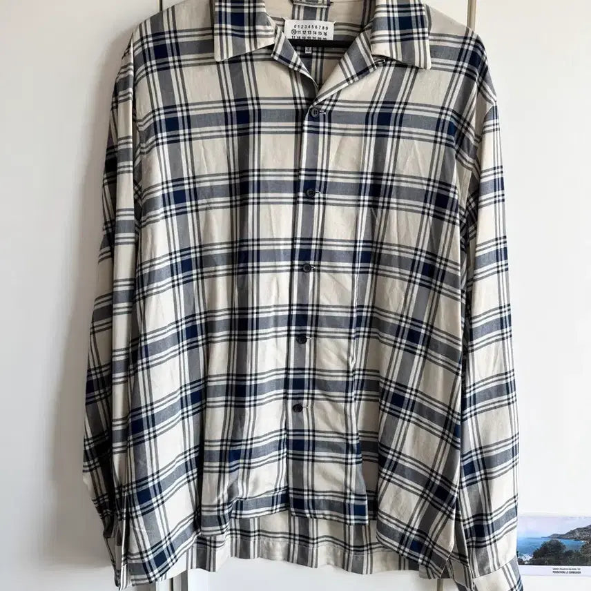 [BUNJANG] Maison Margiela Navy Check Stitch Shirt Ivory / 메종 마르지엘라 / 네이비 체크 스티치 셔츠 아이보리 / 40