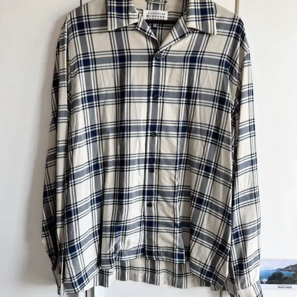 [BUNJANG] Maison Margiela Navy Check Stitch Shirt Ivory / 메종 마르지엘라 / 네이비 체크 스티치 셔츠 아이보리 / 40