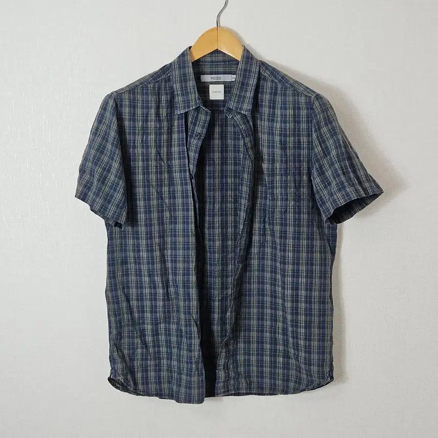 [BUNJANG] Kolon Sport Linen Short Sleeve Shirt Comfort Check Blue Green 100 / 시리즈 코오롱 린넨 반팔셔츠 컴포트 체크 블루그린 100