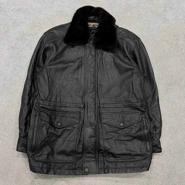 [BUNJANG] 100% Vintage Lambskin Leather Jacket with Fur Collar / 100 빈티지 양가죽 퍼 카라 레더 가죽 자켓